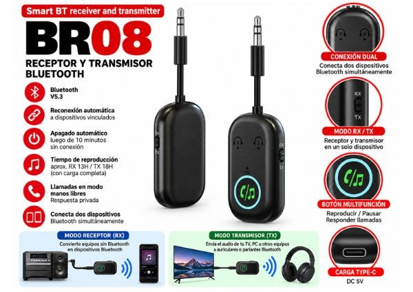 &ua RECEPTOR Y EMISOR BLUETOOTH 5,3 + AUX (7001)